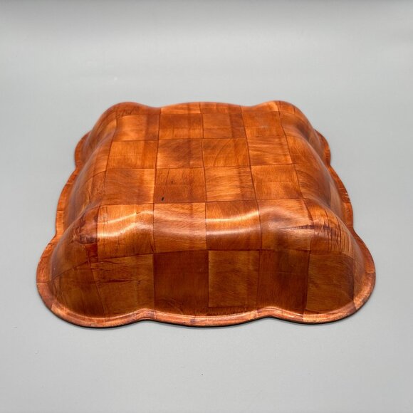 Vintage Large Parquet Wood Square Serving Bowl | Mid Century Thin Handcrafted - Picture 6 of 7